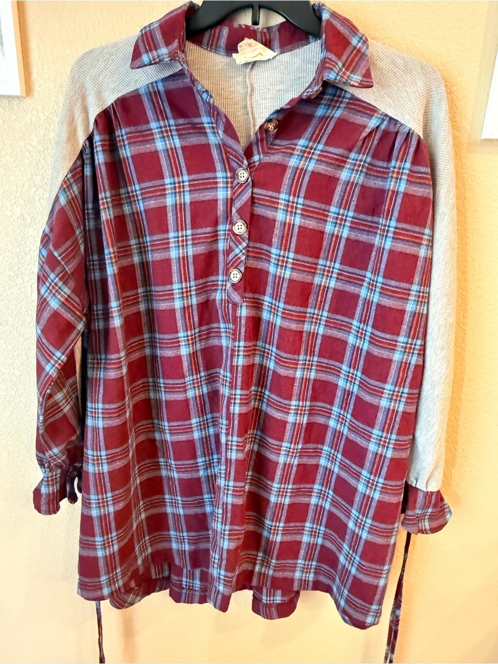 Fantastic Fawn Burgundy Plaid Button Pullover Shirt with Heather Gray Sleeves